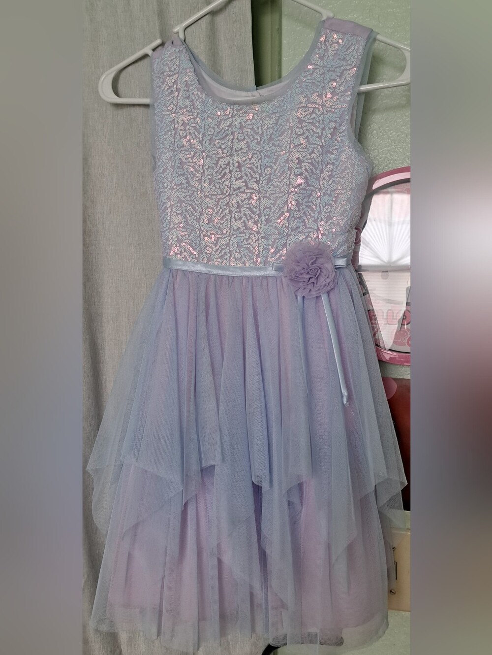 Girls Lavender Sequin Tulle Party Dress with Flower Accent